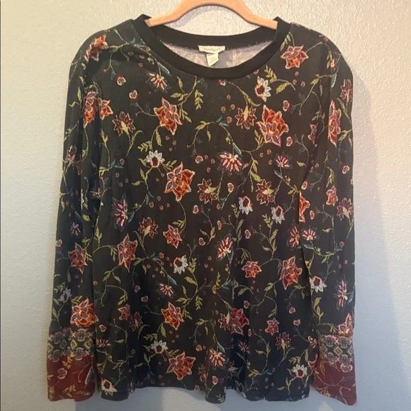 Sundance Black Floral Long-Sleeve Top with Red Accents - Picture 1 of 3